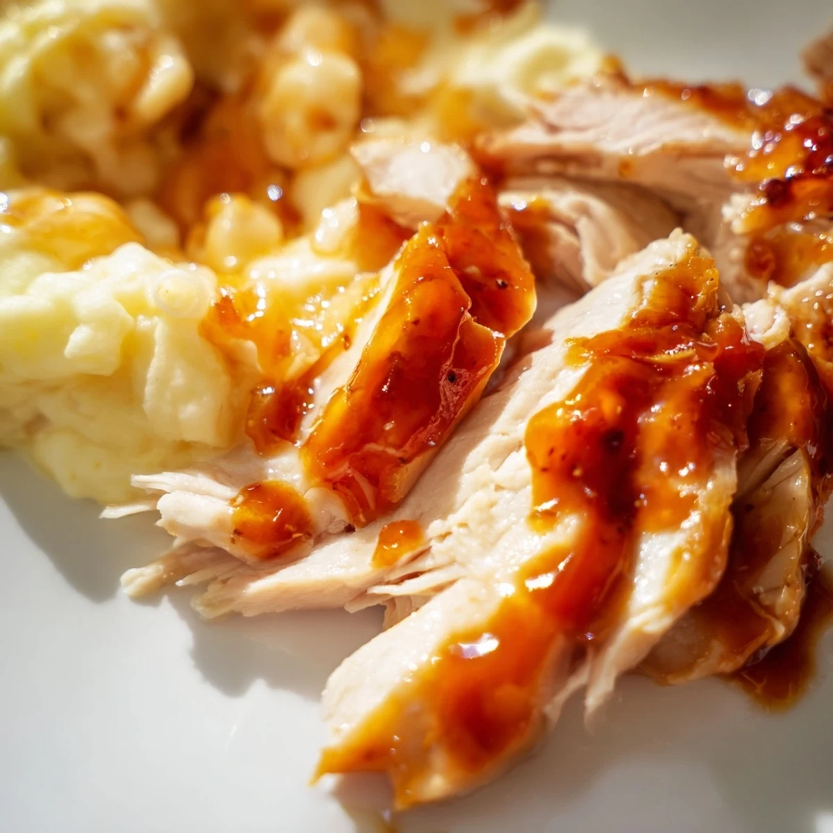Tender juicy chicken in honey pepper glaze alongside rich cheesy mac and cheese, served hot on a plate.