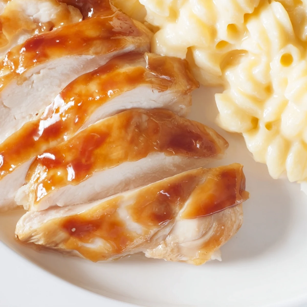 Sliced honey pepper chicken placed over creamy mac and cheese, garnished with herbs and pepper flakes.