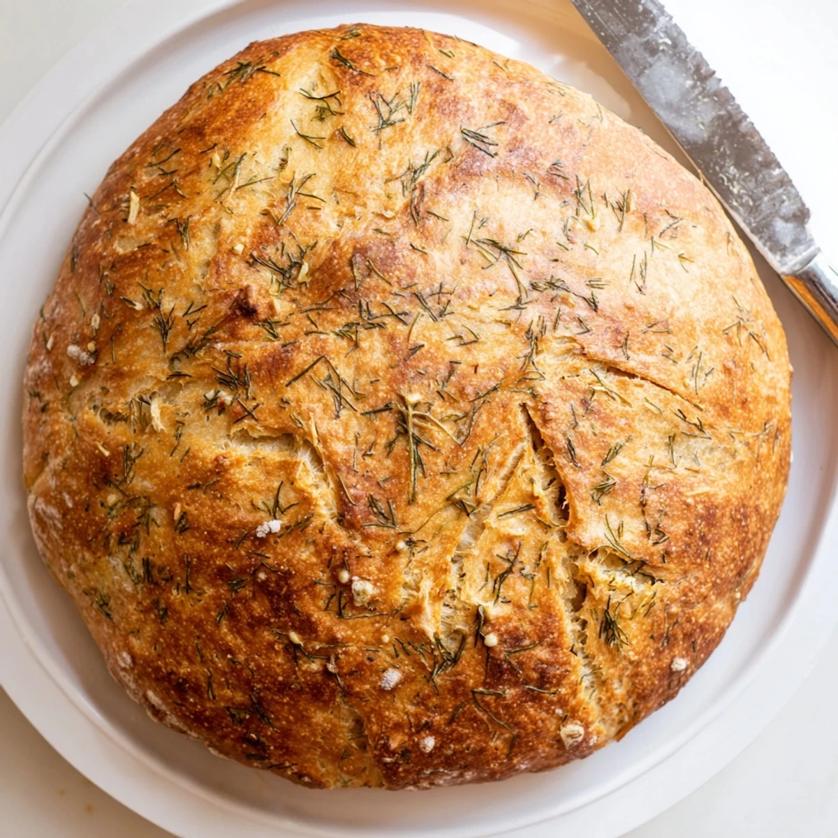 Warm slices of No Knead Dill Gouda Artisan Bread served with butter near a soup bowl.