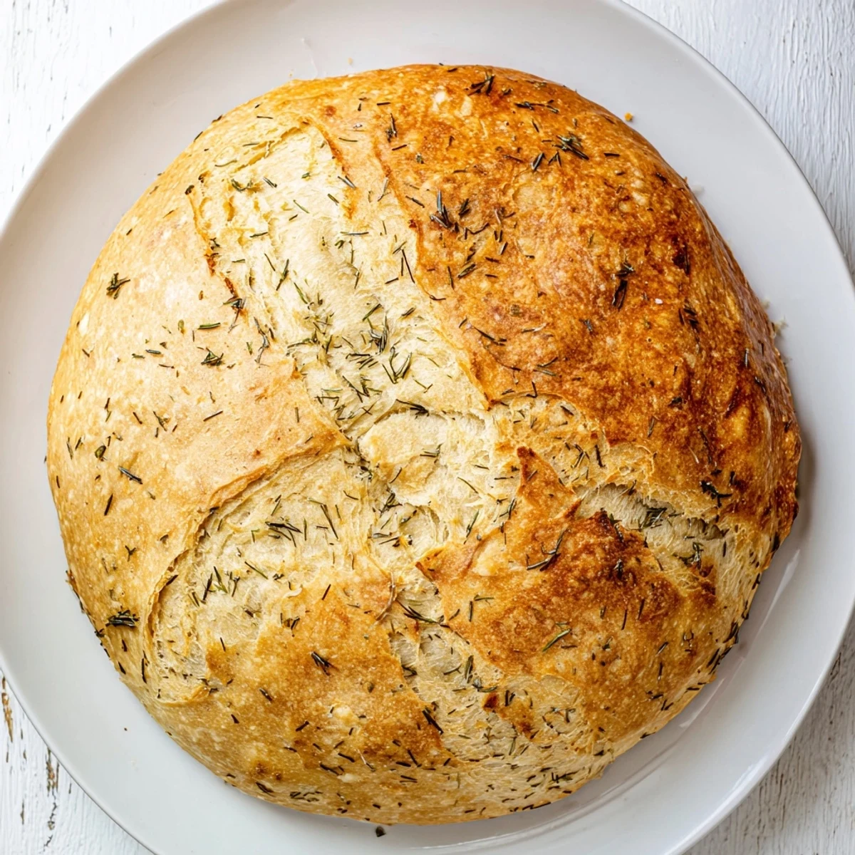 Freshly baked No Knead Dill Gouda Artisan Bread with golden crust on a wooden board.
