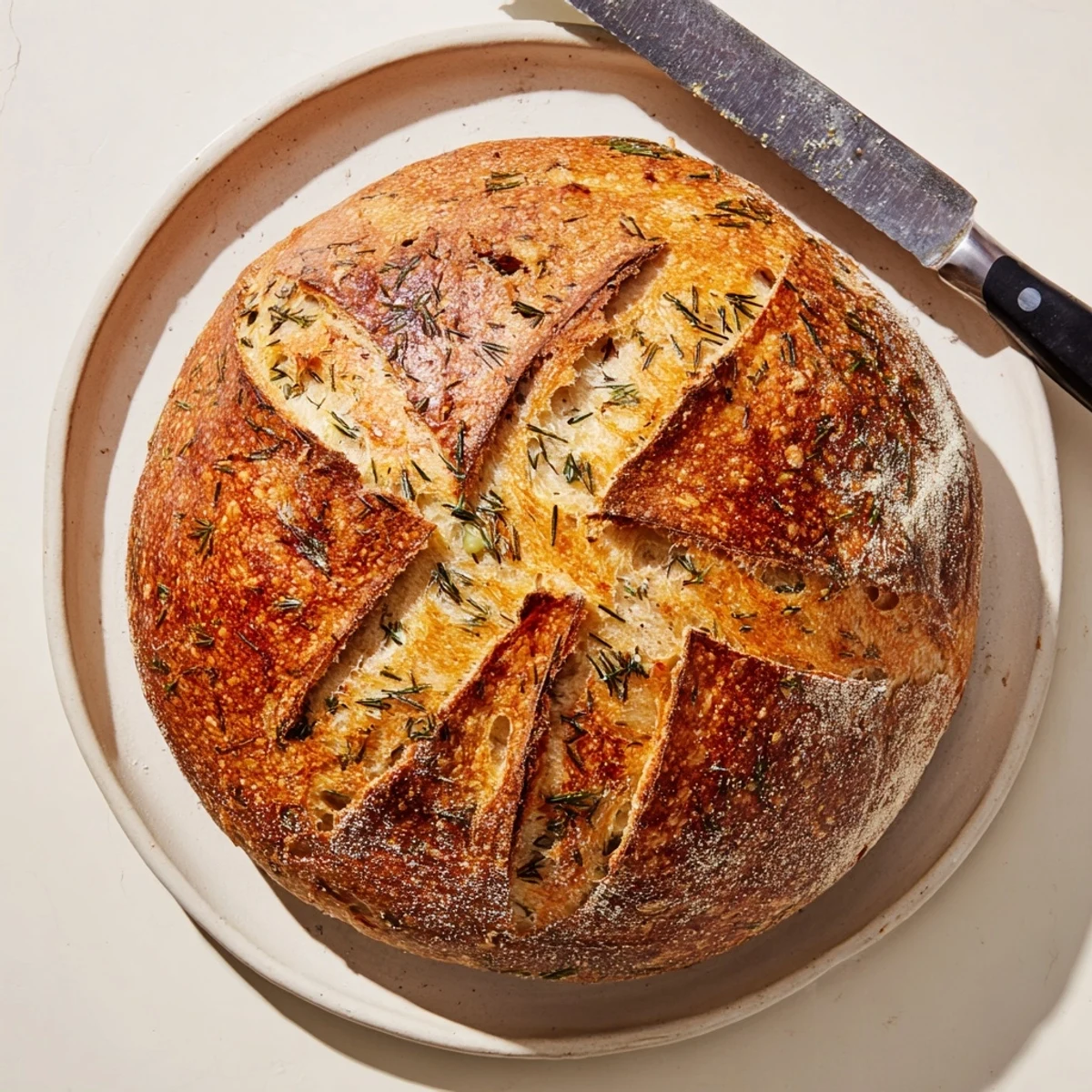 A rustic, fragrant No Knead Dill Gouda Artisan Bread loaf with melted Gouda and fresh dill.