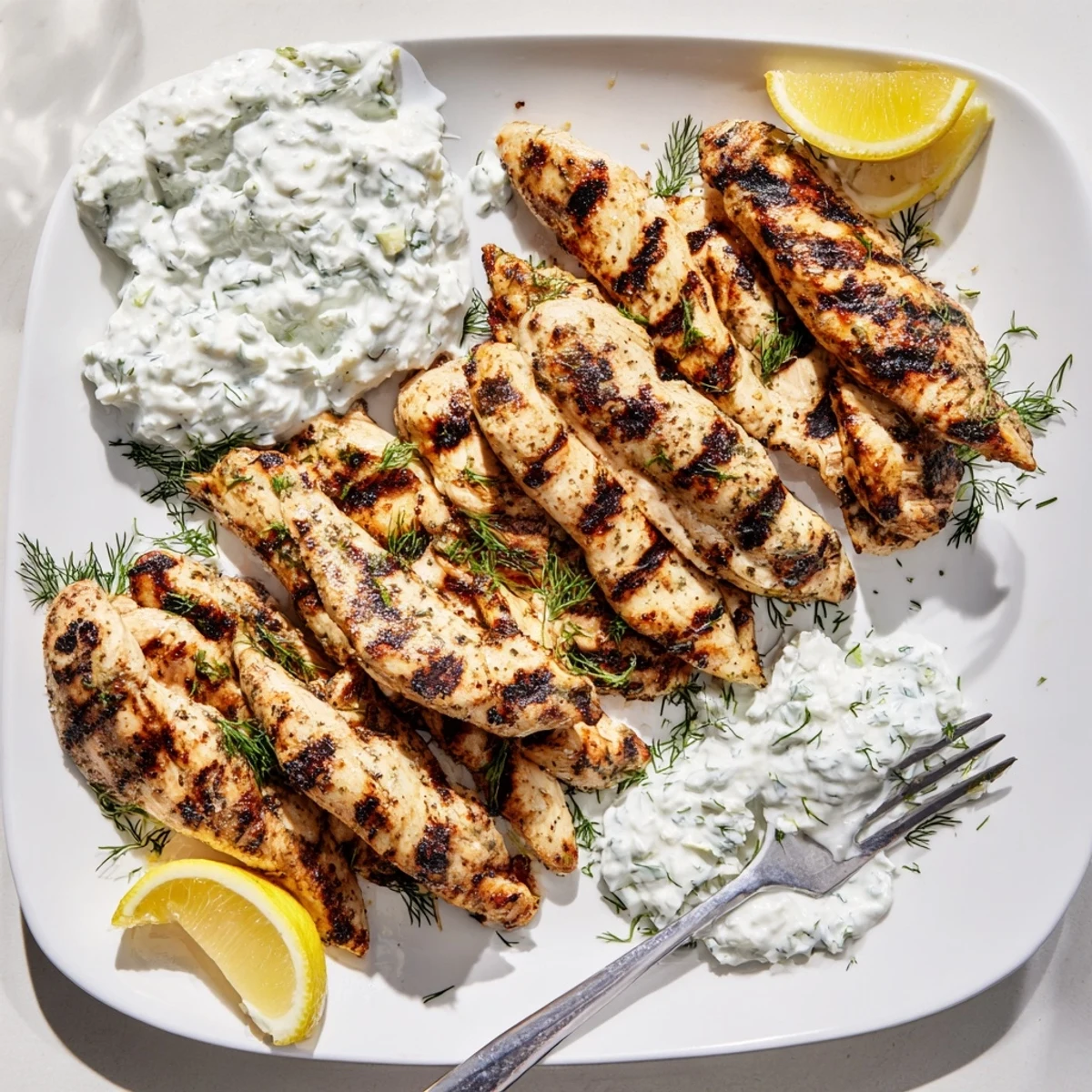 Golden-brown grilled Delicious Greek Chicken Tenders, marinated with oregano and served with a creamy yogurt sauce.