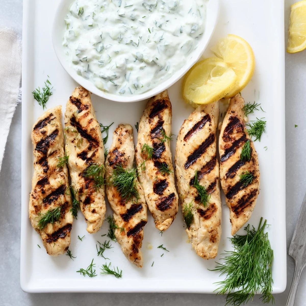 Sizzling Delicious Greek Chicken Tenders fresh off the grill, garnished with parsley and bright lemon wedges.