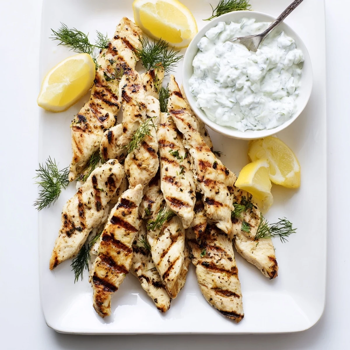 Tender Delicious Greek Chicken Tenders plated with a cool cucumber yogurt dip, perfect for a family dinner.