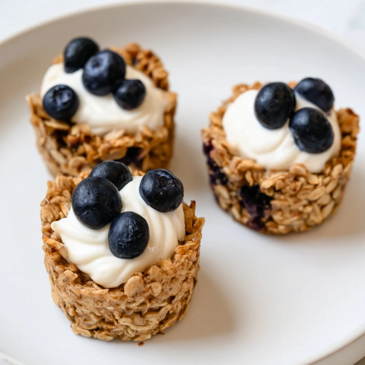 Twelve golden baked oatmeal cups with Greek yogurt topping on a wooden board.