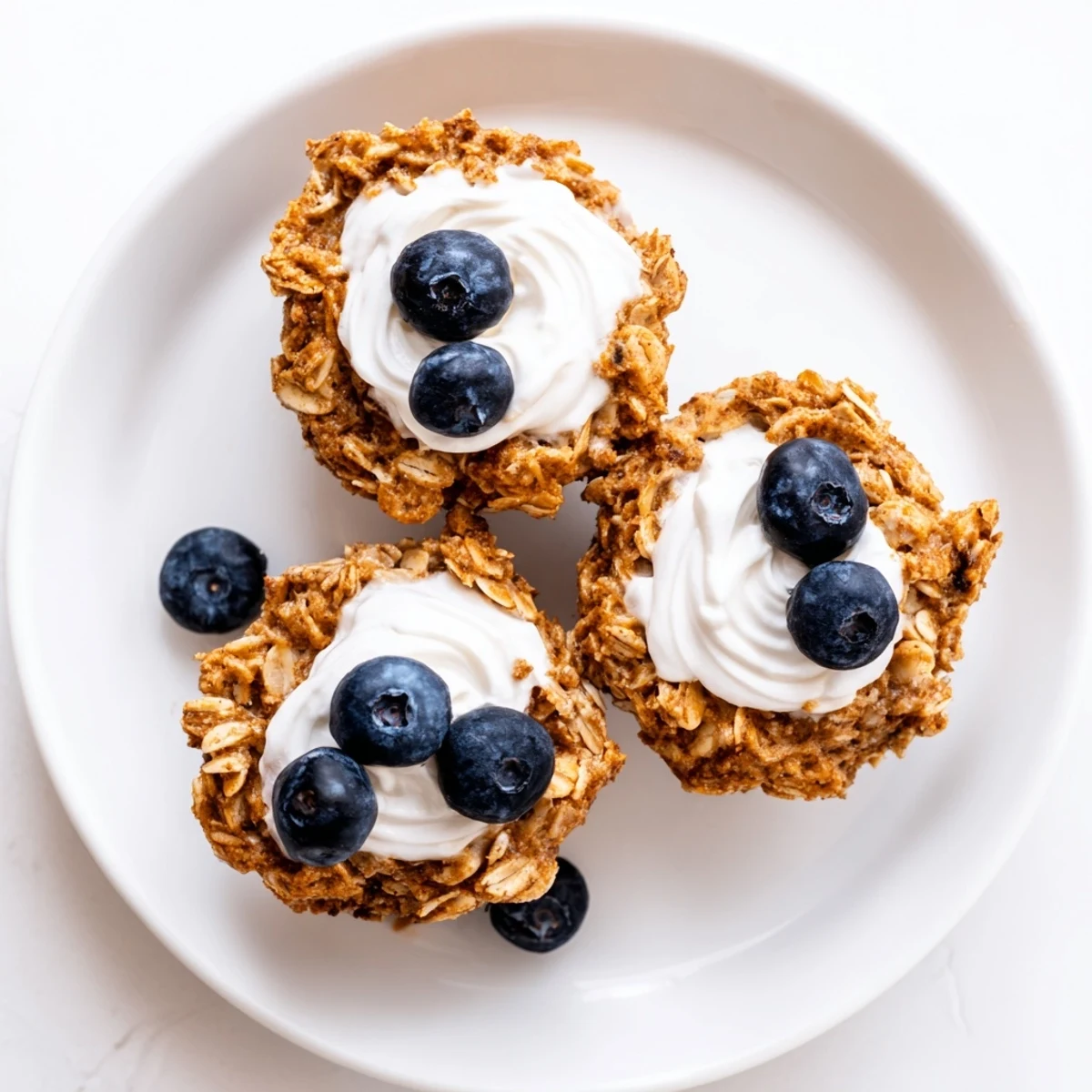 Portion of baked oatmeal cups with Greek yogurt drizzle beside fresh blueberries and a glass of milk.