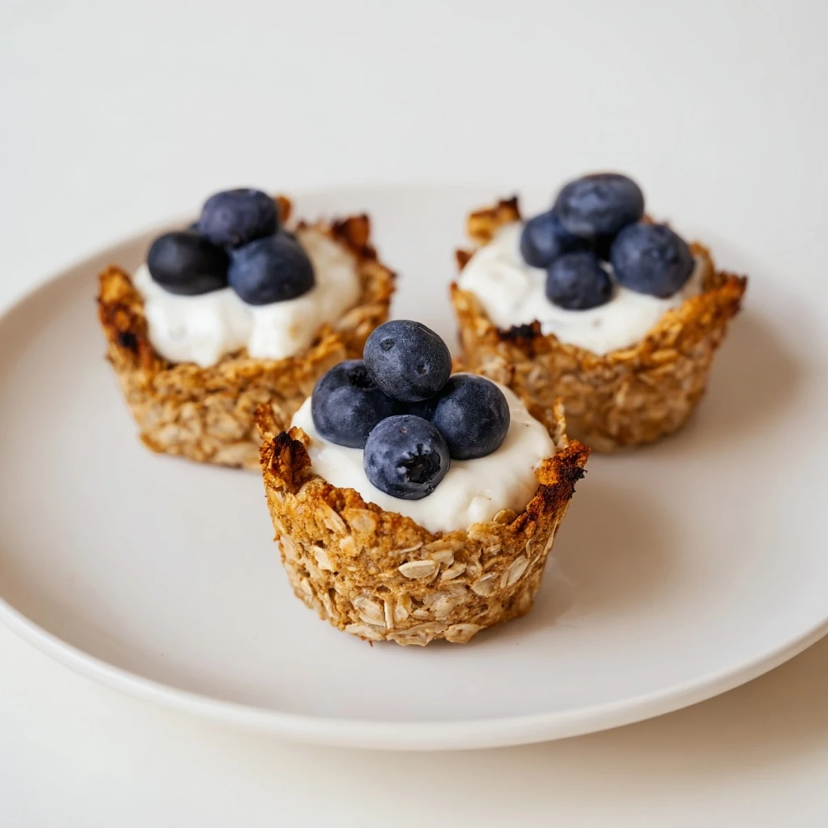 A close-up of a baked oatmeal cup topped with creamy Greek yogurt and fresh berries.