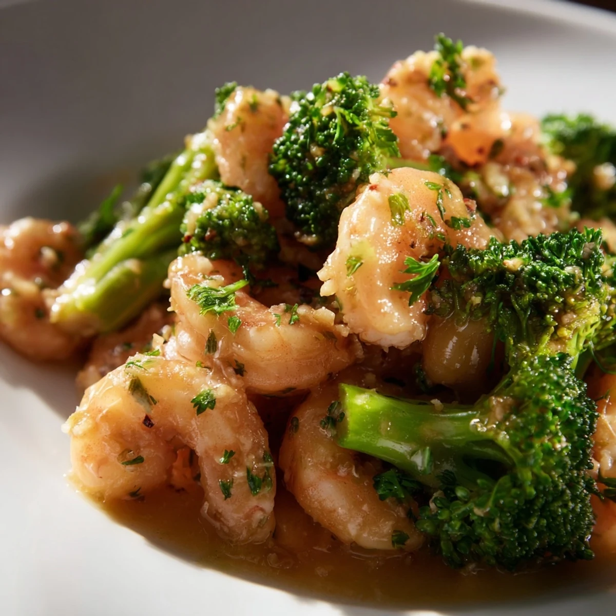 Juicy shrimp with crisp broccoli florets glazed in honey garlic butter sauce, served over fluffy white rice.