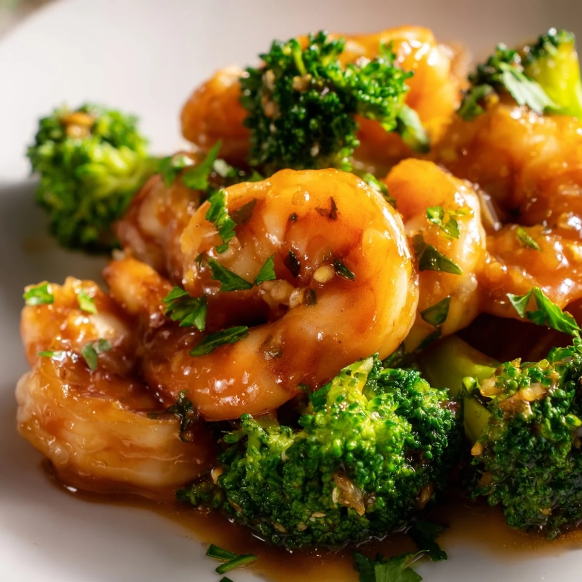 Lush Honey Garlic Butter Shrimp & Broccoli tossed in savory sauce, garnished with fresh parsley and lemon wedges.
