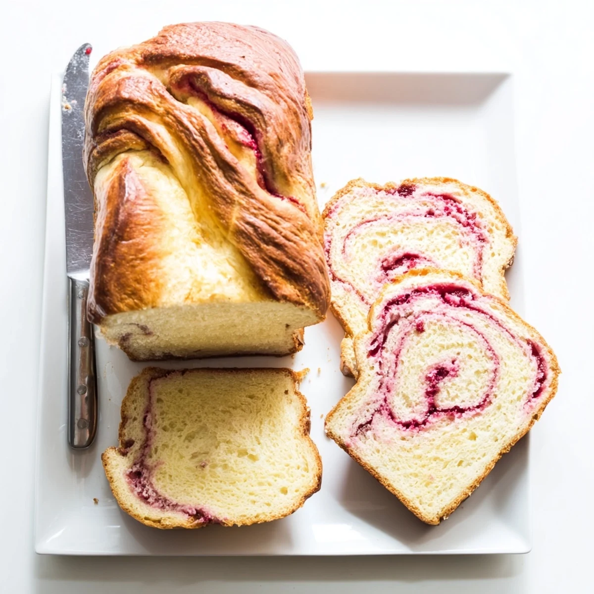 Sliced piece of Raspberry Swirl Brioche Loaf revealing layered pink raspberry filling on a cozy breakfast table setting.