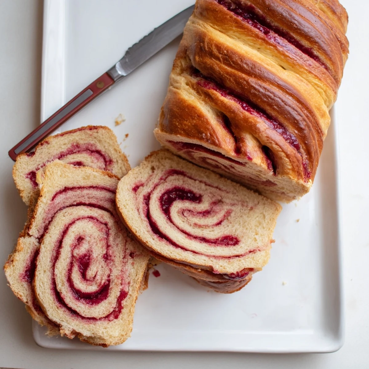 Freshly baked Raspberry Swirl Brioche Loaf on a wooden cutting board, showing golden crust and vibrant jam swirls.