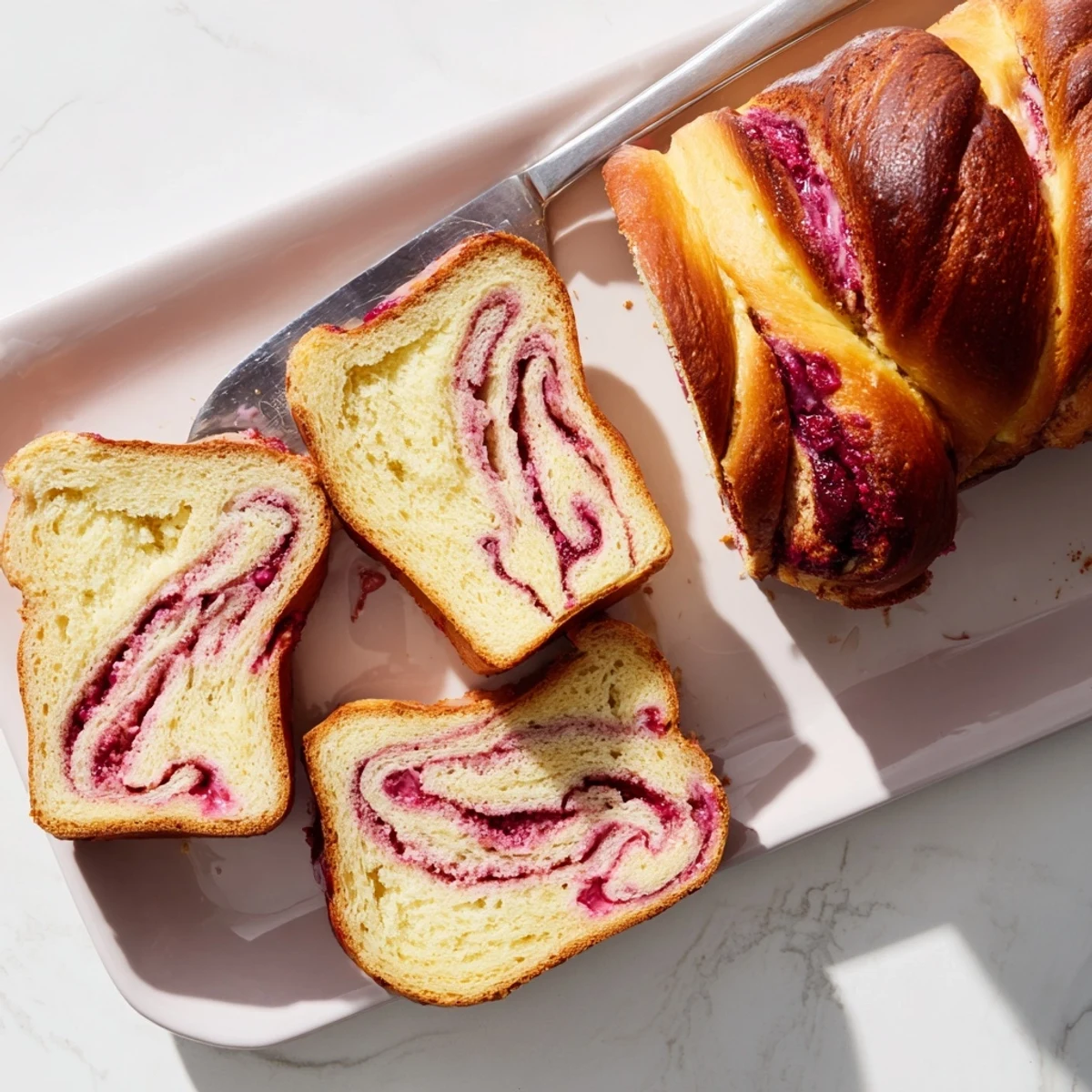 Homemade Raspberry Swirl Brioche Loaf cooling on a wire rack with fresh raspberries and tea nearby.