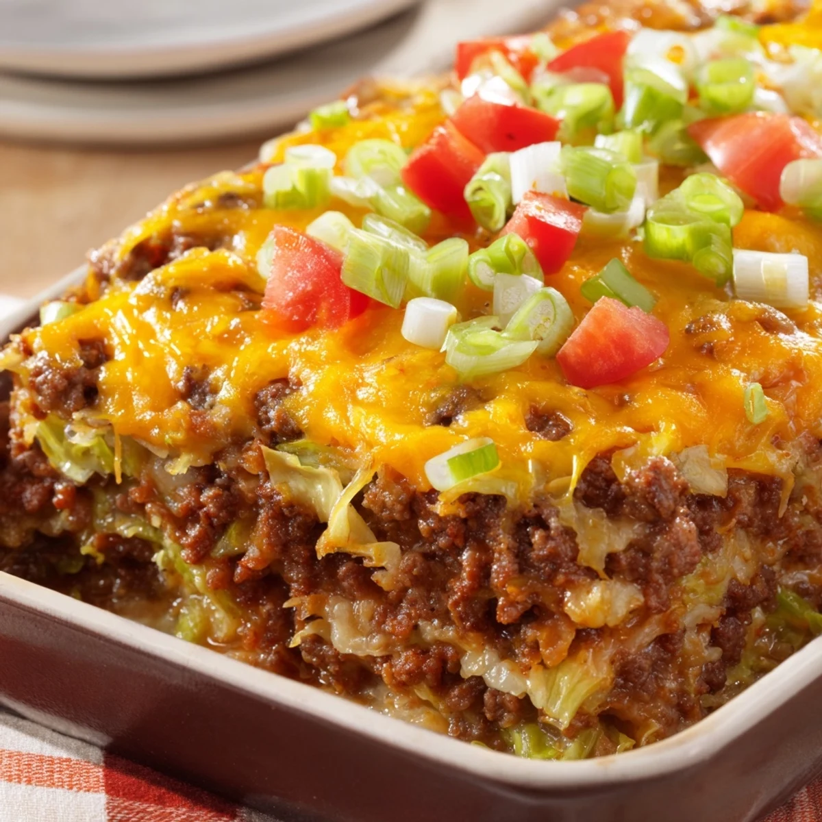 Golden baked layers of seasoned beef and crunchy cabbage make up this Easy Crispy Cabbage Burger Bake served with pickles.