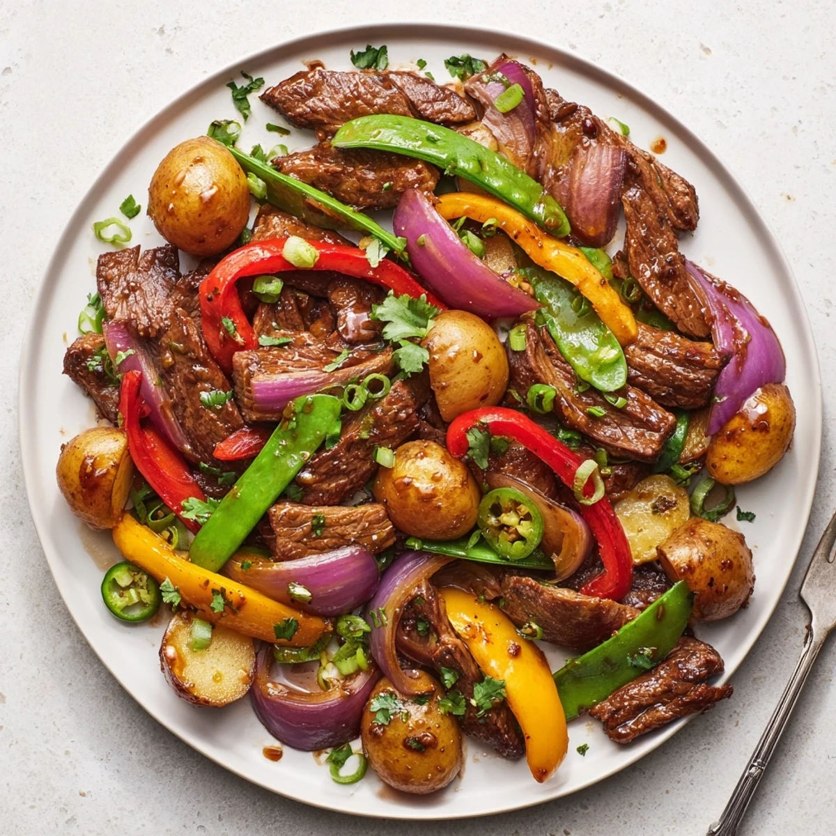 Tender beef and crisp vegetables in a savory Blackstone Cowboy Stir Fry Dinner served hot and steamy.