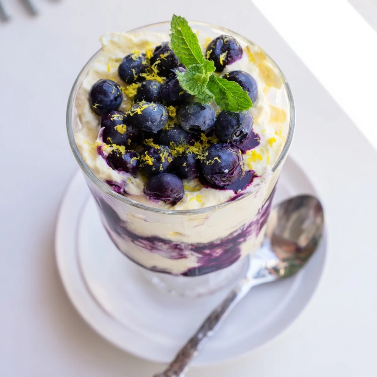 In a white ceramic bowl, the airy Lemon Blueberry Mousse reveals swirls of blue compote and smooth lemon filling.