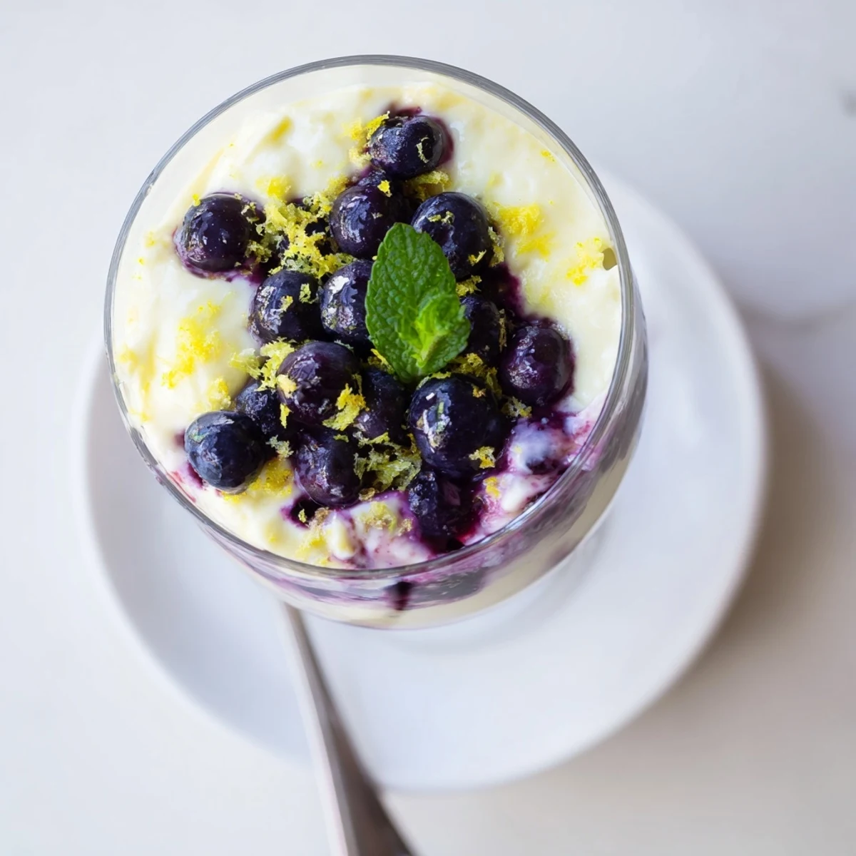 Clear glass dessert cups showcase layers of vibrant Lemon Blueberry Mousse, topped with fresh berries and a hint of zest.