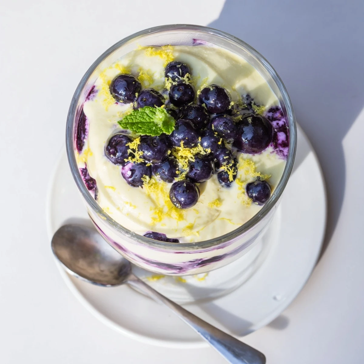 Close up, the Lemon Blueberry Mousse features a garnish of mint leaves and powdered sugar on a marble surface.