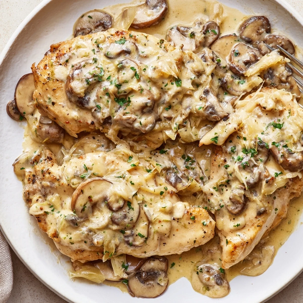 The finished Mushroom Asiago Chicken rests in a skillet, showing a thick, cheesy mushroom sauce coating tender chicken pieces, perfect over pasta or mashed potatoes.