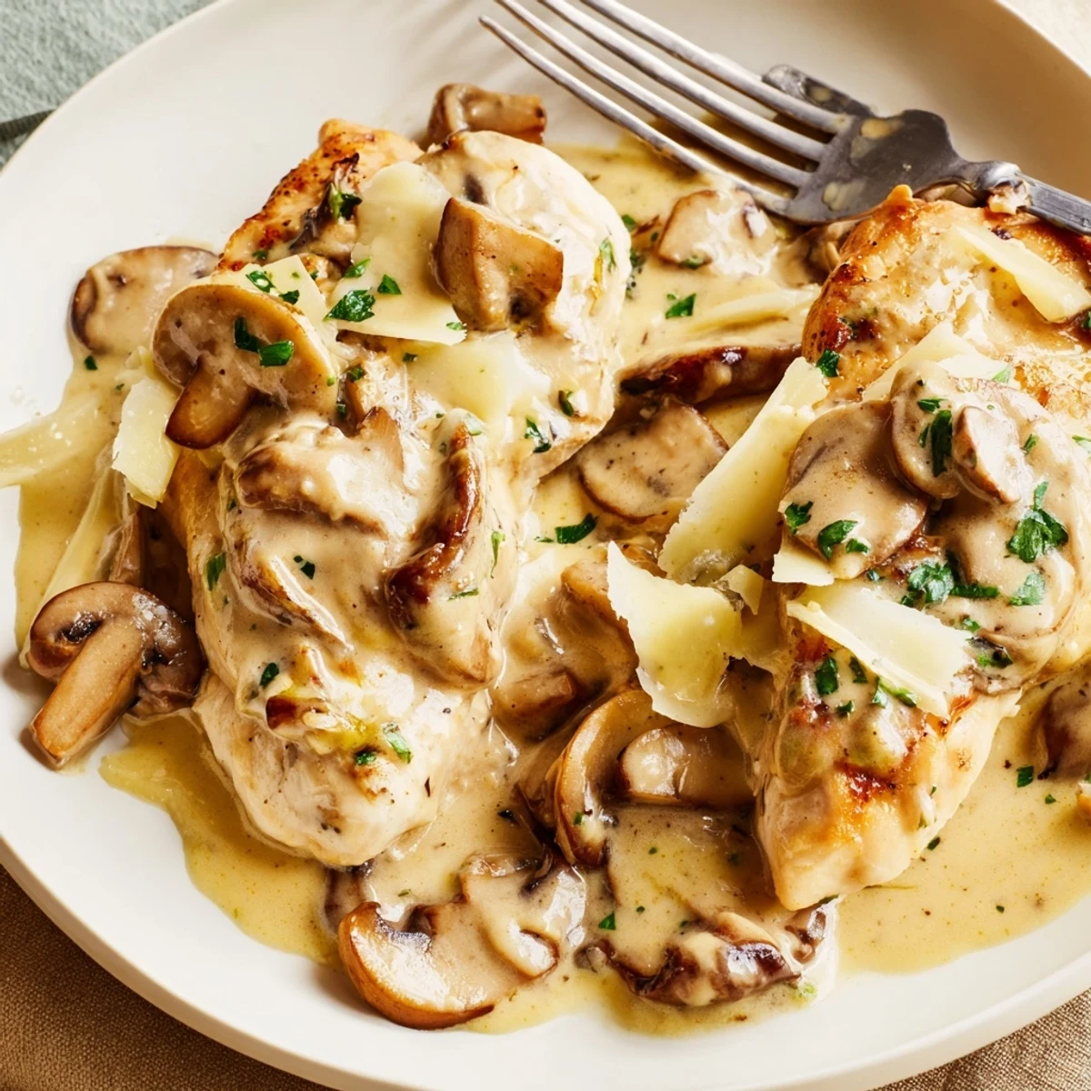 Golden seared chicken breasts smothered in creamy mushroom Asiago Chicken sauce, garnished with fresh parsley and served alongside steamed broccoli for a comforting dinner.