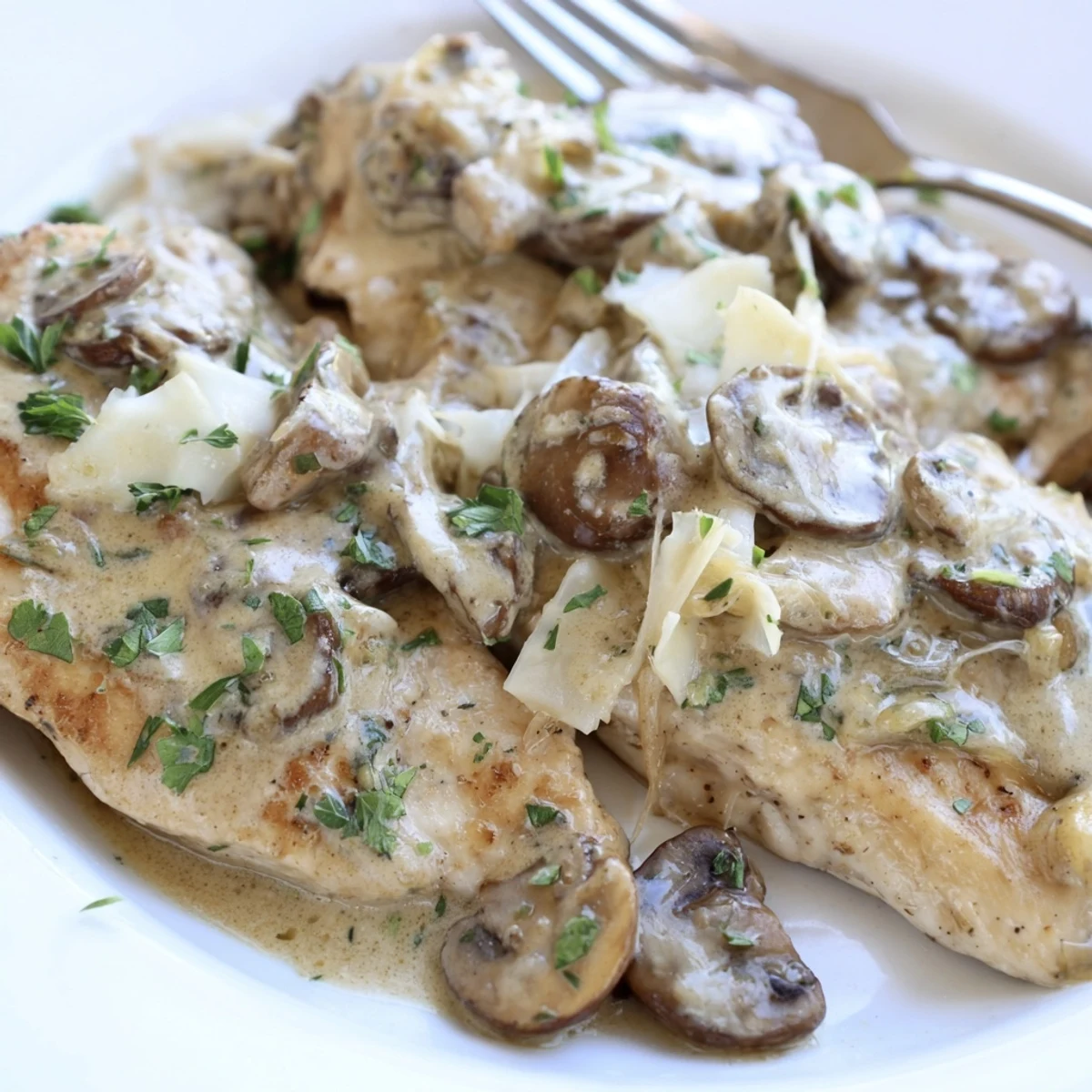 A close-up of the delicious Mushroom Asiago Chicken, highlighting the savory brown mushrooms and melted Asiago cheese on top of a juicy, golden-brown chicken breast.