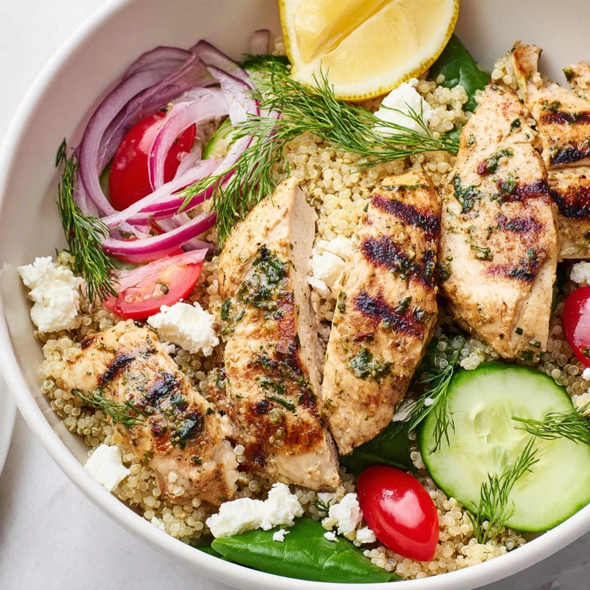 Savory Lemon Herb Grilled Chicken Quinoa Bowl garnished with fresh dill, feta, and vibrant cherry tomatoes on a rustic table.