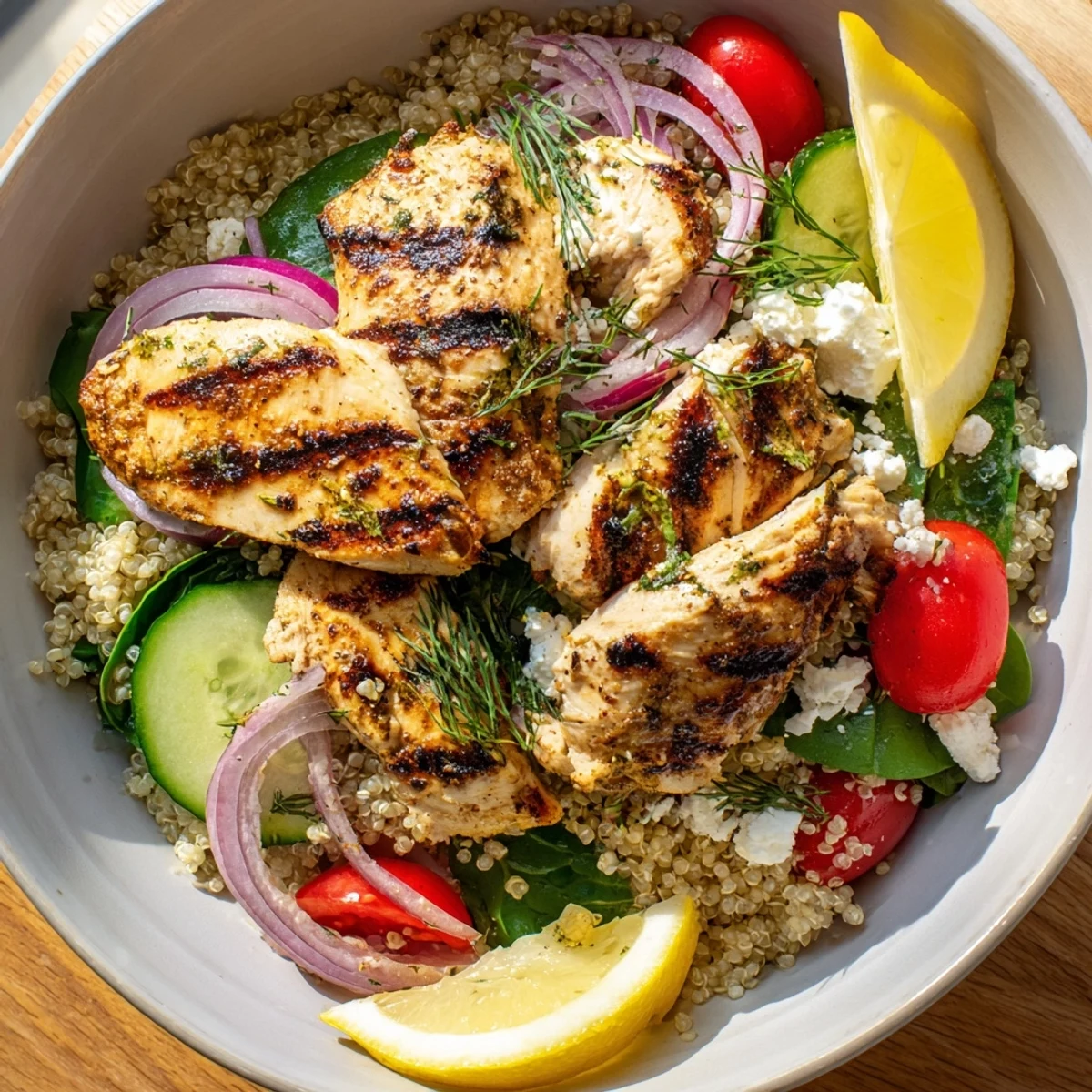 Bright Mediterranean Lemon Herb Grilled Chicken Quinoa Bowl with juicy grilled slices, fluffy quinoa, cucumbers, and red onion.
