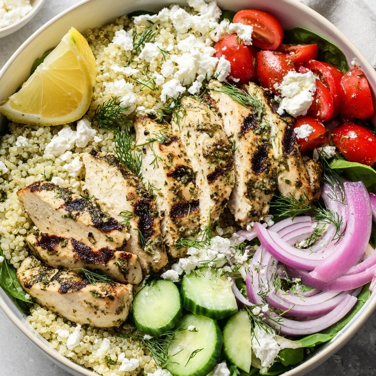 Colorful Lemon Herb Grilled Chicken Quinoa Bowl served with lemon wedges, fresh spinach, and a drizzle of olive oil.