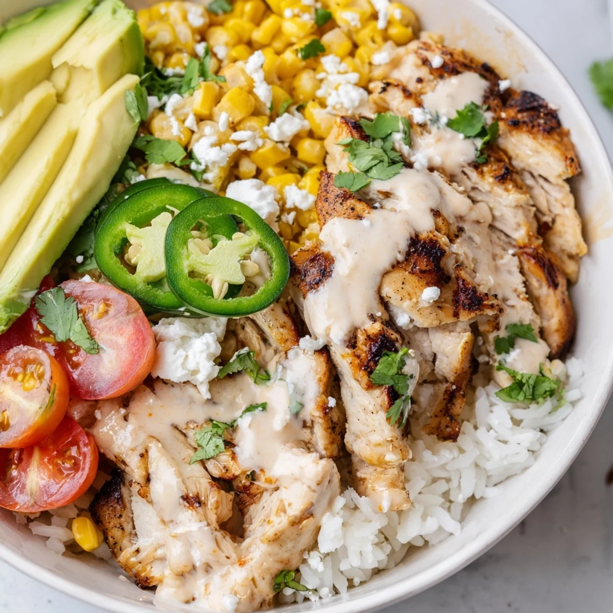 A vibrant Street Corn Chicken Rice Bowl with grilled chicken slices over cilantro lime rice, topped with creamy street corn, avocado, and tomatoes.