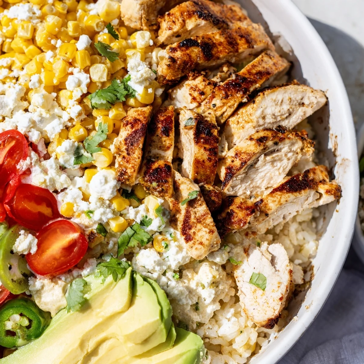 Sizzling Street Corn Chicken Rice Bowl garnished with lime wedges and cilantro, ready to serve as a delicious gluten-free Mexican-inspired dinner.
