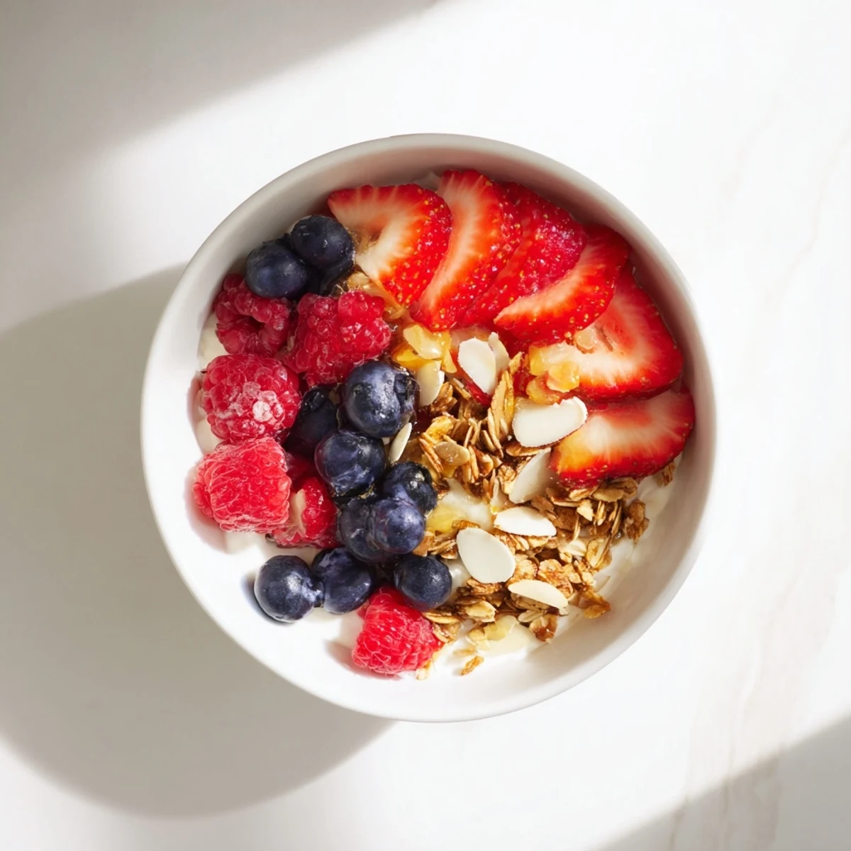 Freshly prepared Easy Yogurt Granola Bowls 4 Ways, topped with mixed berries, sliced almonds, and a honey drizzle.