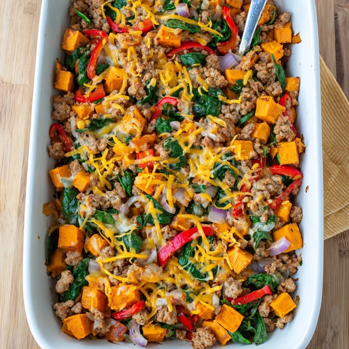 Golden-brown Ground Turkey Sweet Potato Bake emerges from the oven with bubbling dairy-free cheese and fresh parsley garnish.