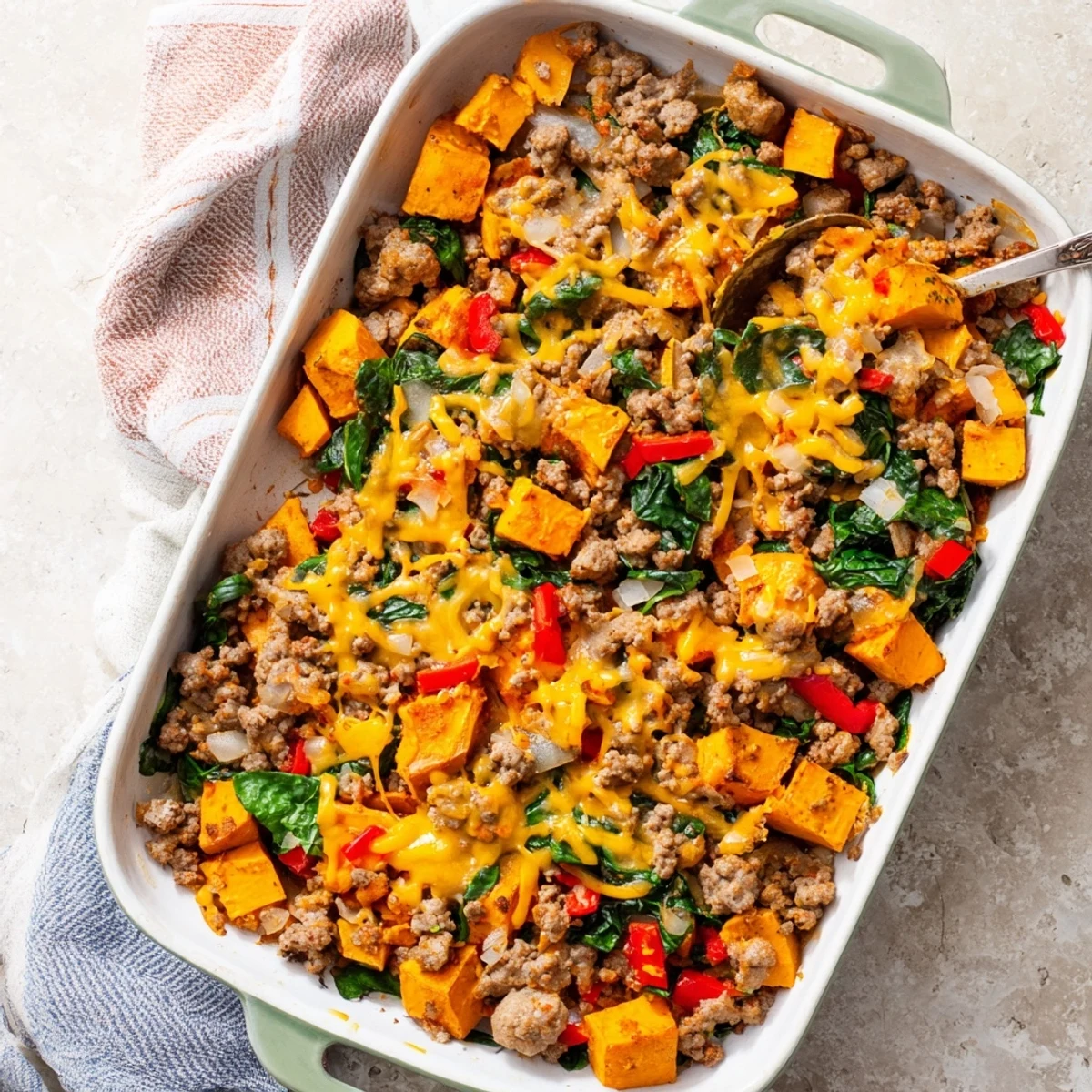 Hearty Ground Turkey Sweet Potato Bake showcases tender sweet potatoes, ground turkey, and vibrant spinach in a warm casserole.