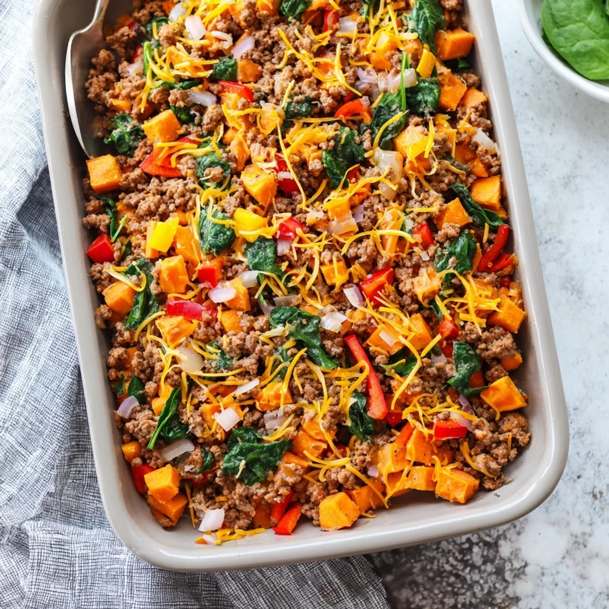 Comforting Ground Turkey Sweet Potato Bake served steaming hot, revealing golden edges and colorful vegetables in a skillet.