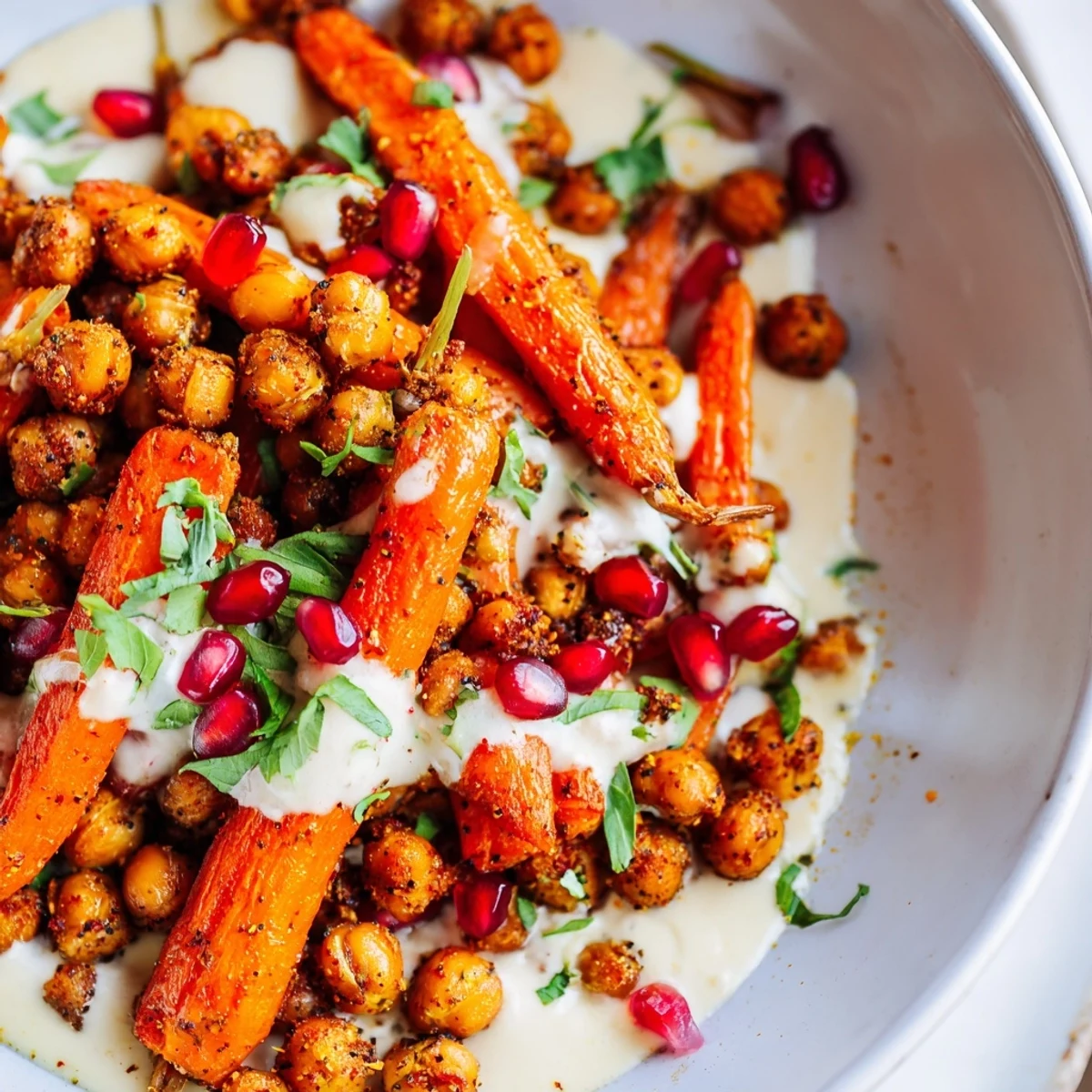 One Pan Roasted Carrot Chickpea Bowl with golden roasted carrots and crispy chickpeas on a single sheet pan.