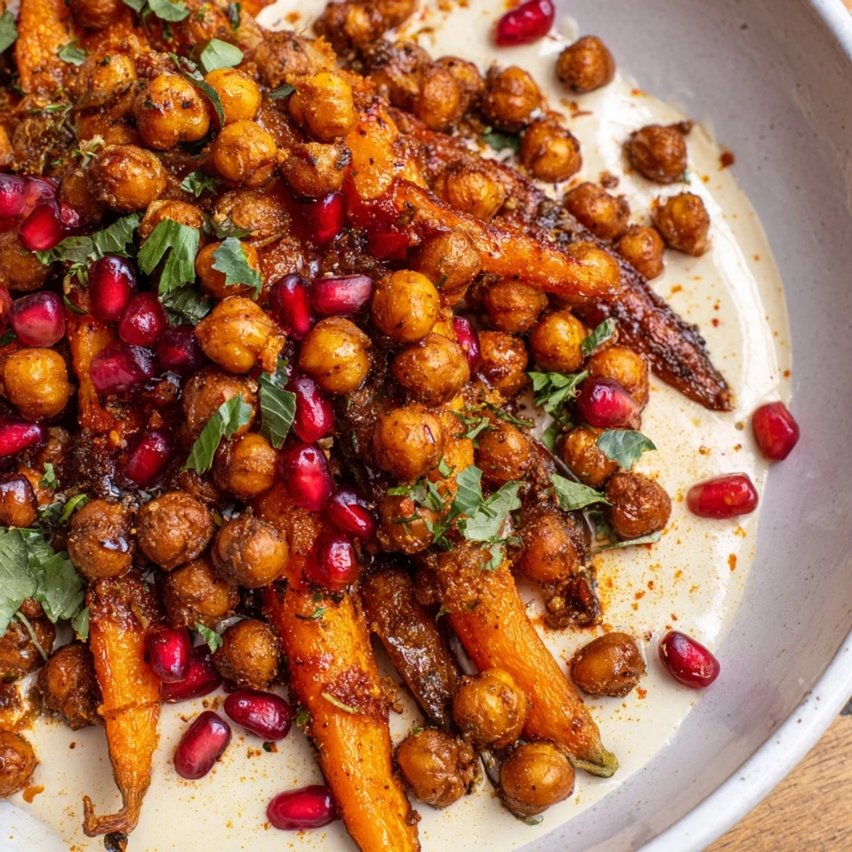 Bright One Pan Roasted Carrot Chickpea Bowl garnished with fresh parsley and drizzled with creamy tahini dressing.