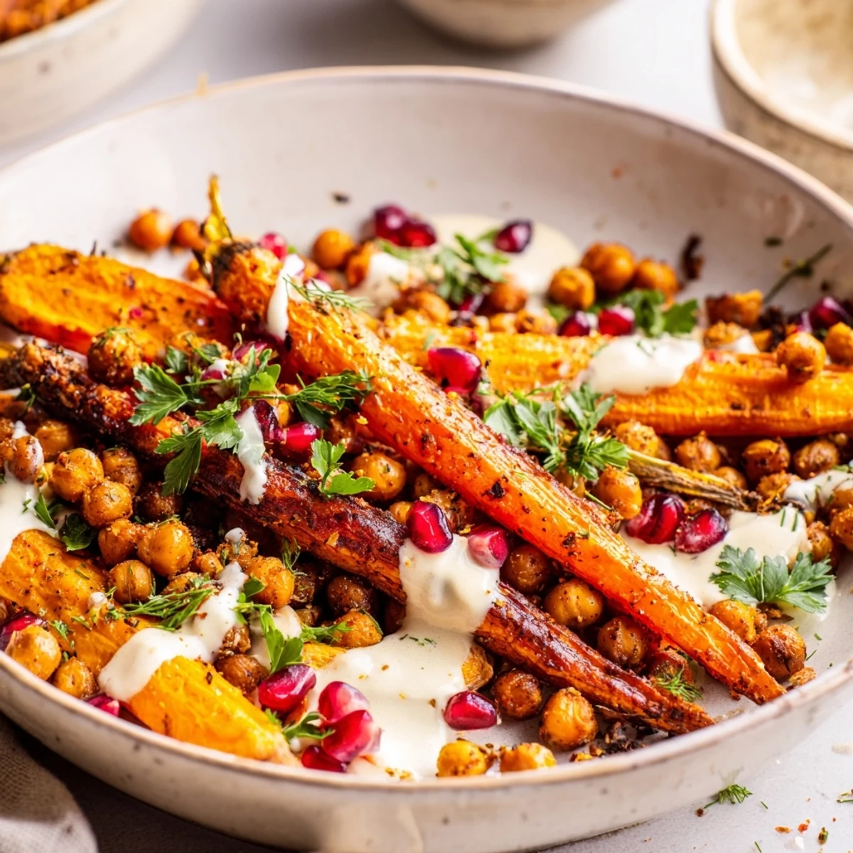 Vibrant One Pan Roasted Carrot Chickpea Bowl served over fluffy quinoa with pomegranate seeds for a sweet pop.
