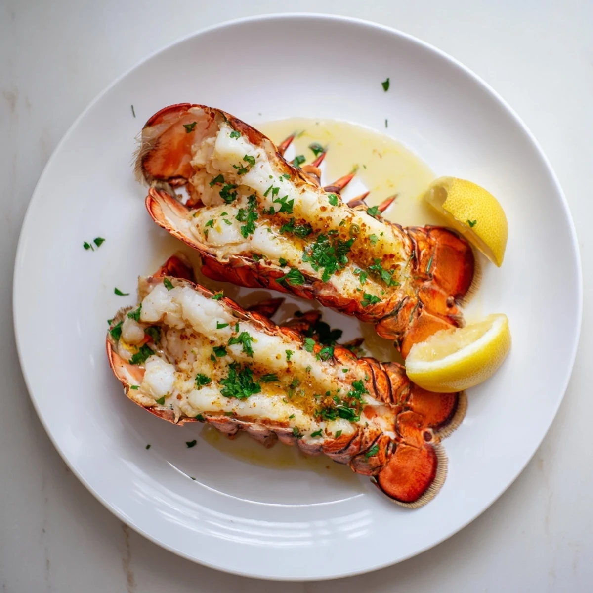 Golden-brown Air Fryer Lobster Tails drizzled with garlic butter sauce and fresh parsley garnish.