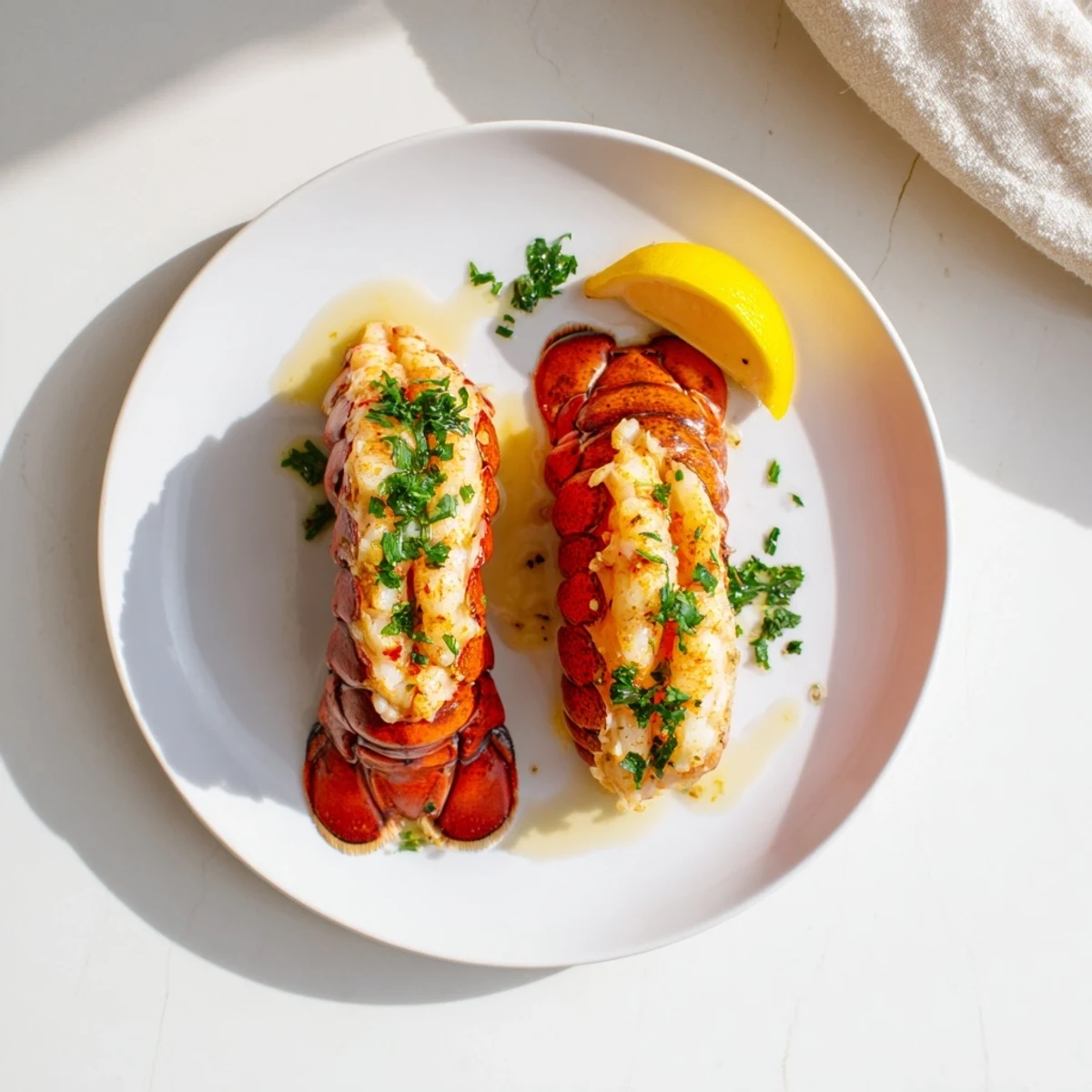 Tender Air Fryer Lobster Tails served with lemon wedges on a rustic wooden board.