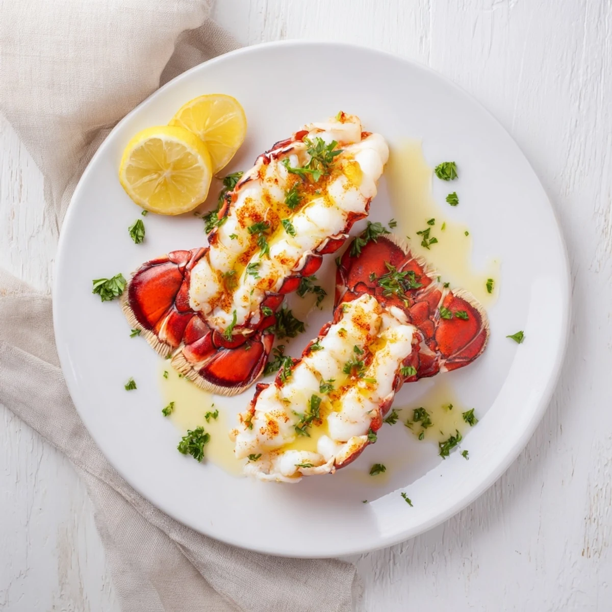 Garlic butter brushed Air Fryer Lobster Tails resting on a plate, ready for dinner.