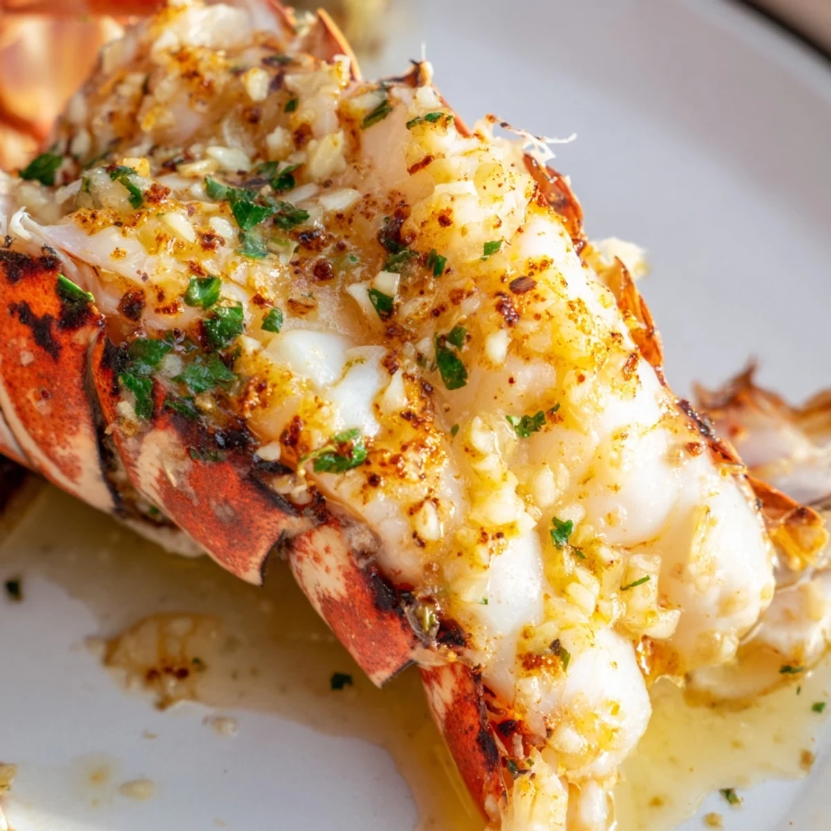 Golden-brown Garlic Butter Lobster Tails broiled to perfection, served with lemon wedges on a white plate.