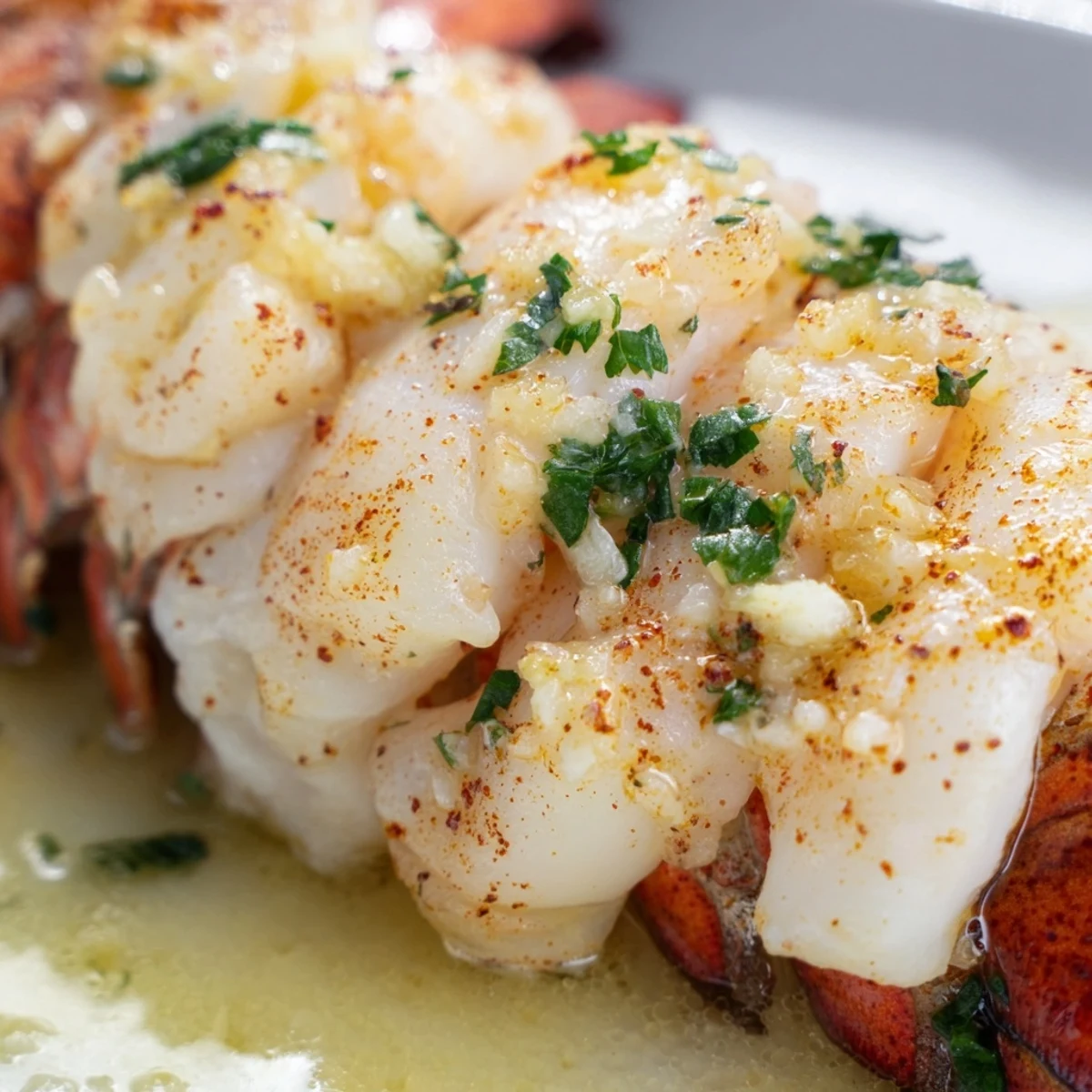 Freshly cooked Garlic Butter Lobster Tails garnished with parsley, paired with steamed vegetables for dinner.