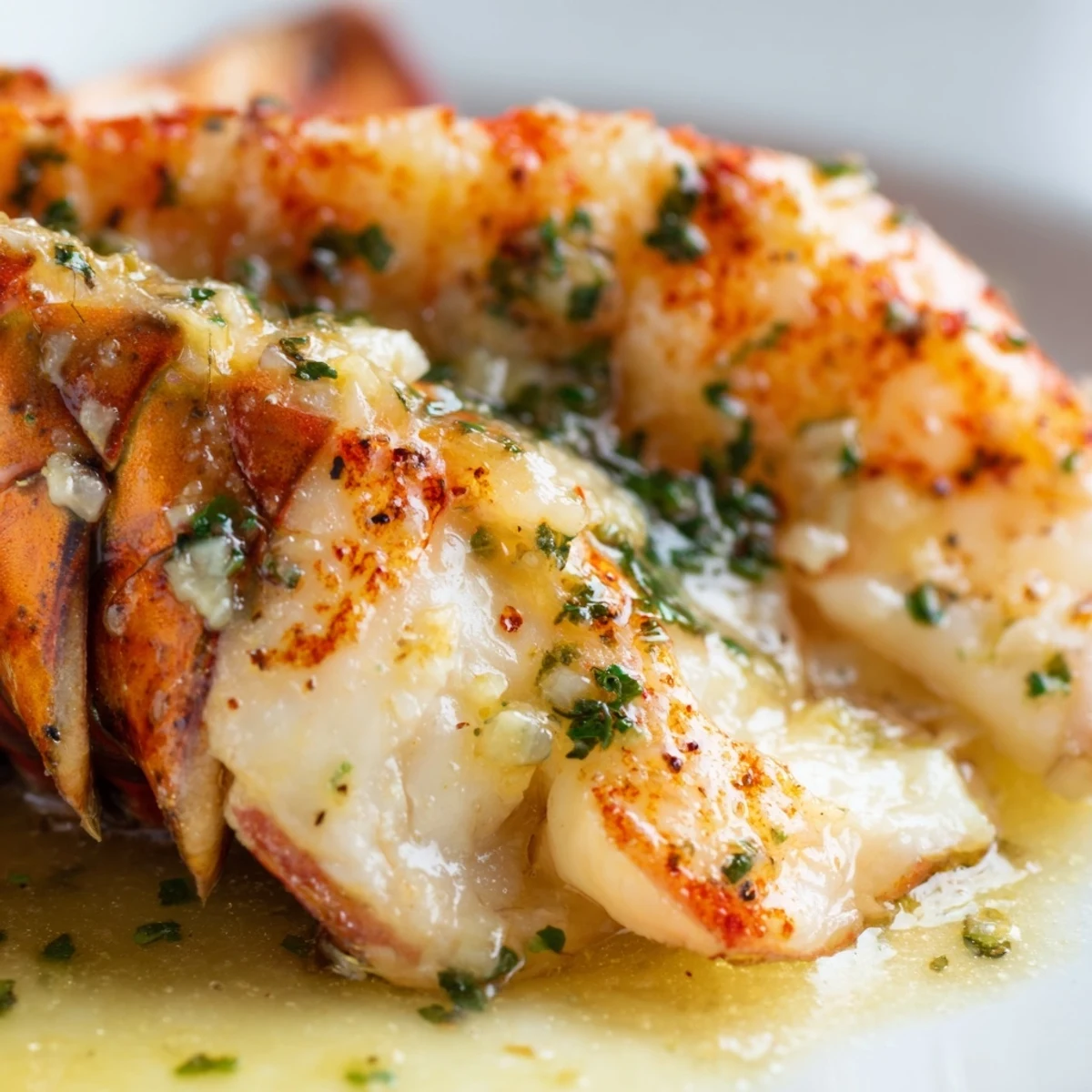 Succulent Garlic Butter Lobster Tails resting on the shell, drizzled with aromatic garlic butter sauce.