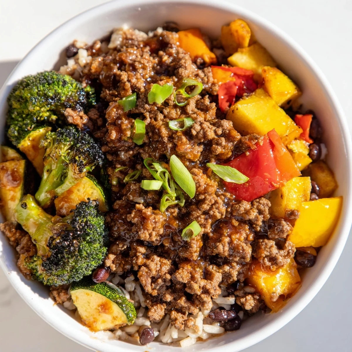 This Viral Hot Honey Ground Beef Bowl features fluffy rice, black beans, and sliced avocado for a complete meal prep lunch.  
