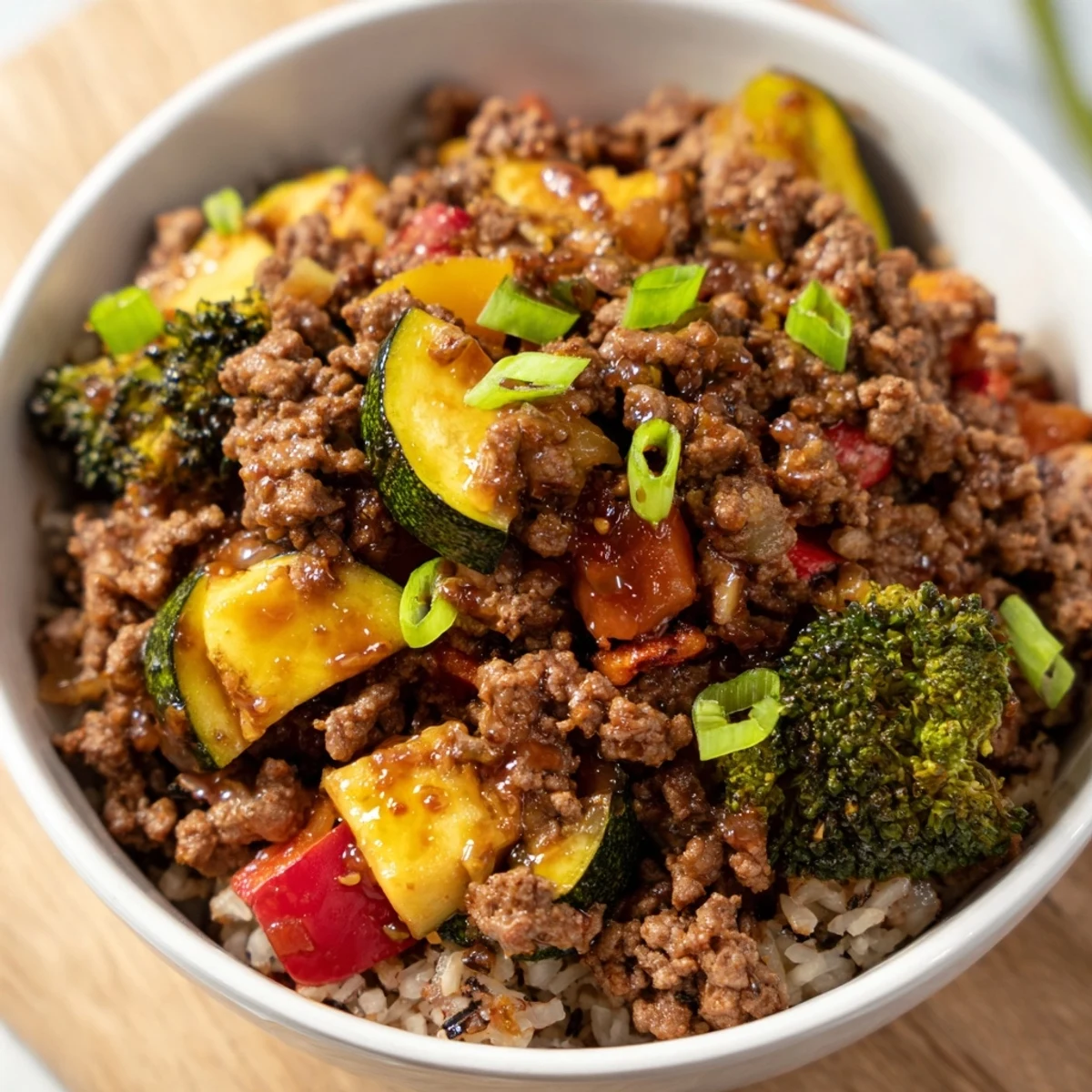 Roasted vegetables and spiced ground beef topped with a sticky hot honey drizzle in this Viral Hot Honey Ground Beef Bowl.  