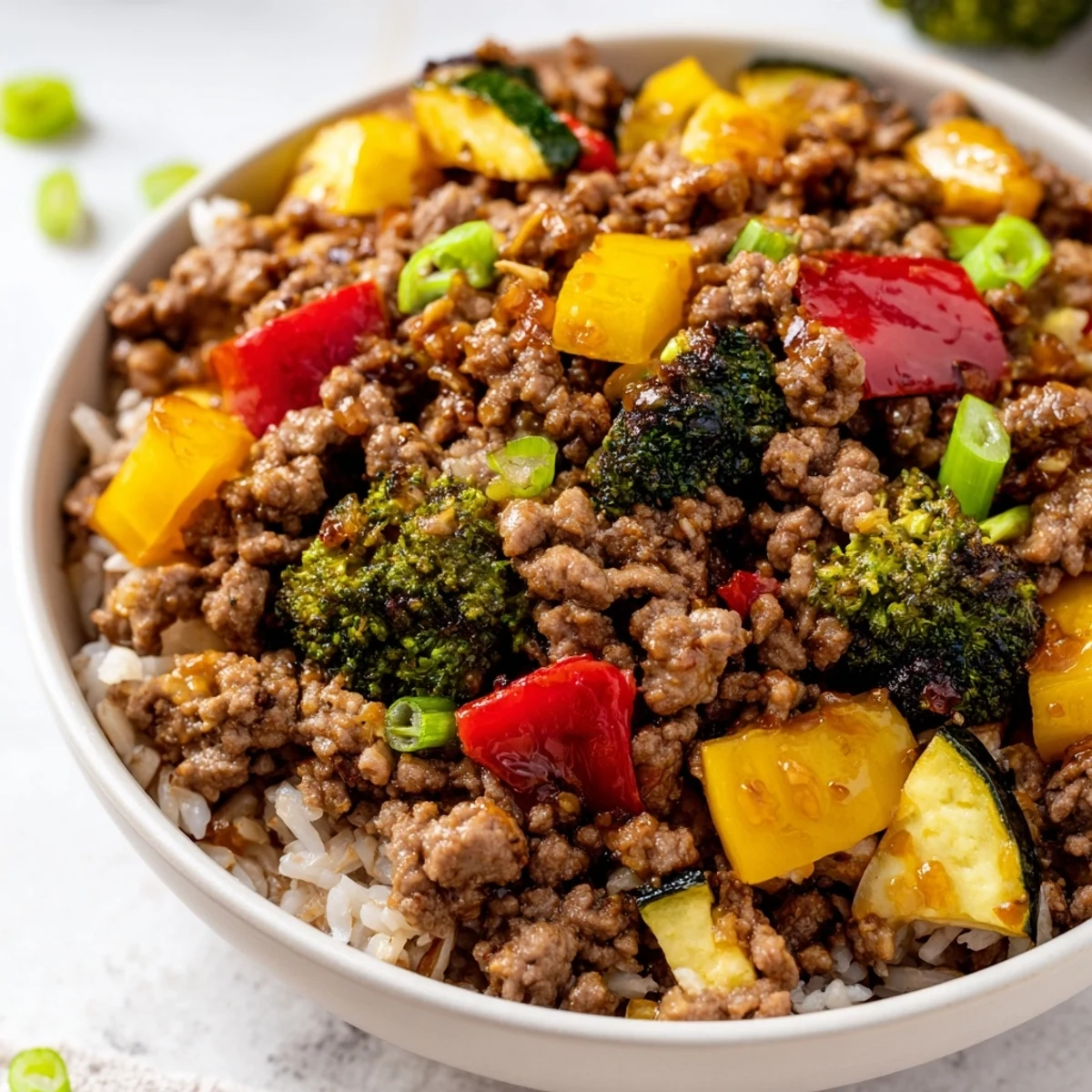 A close-up shows juicy ground beef and tender veggies coated in sweet-spicy sauce inside a meal prep container.