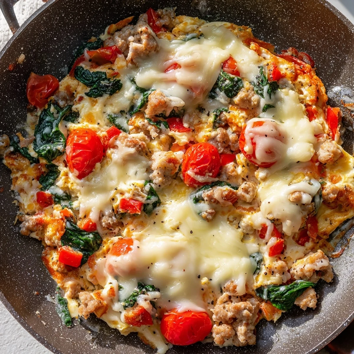 Vibrant High Protein Breakfast Pizza Bowl with melted mozzarella and fresh veggies on a rustic plate.