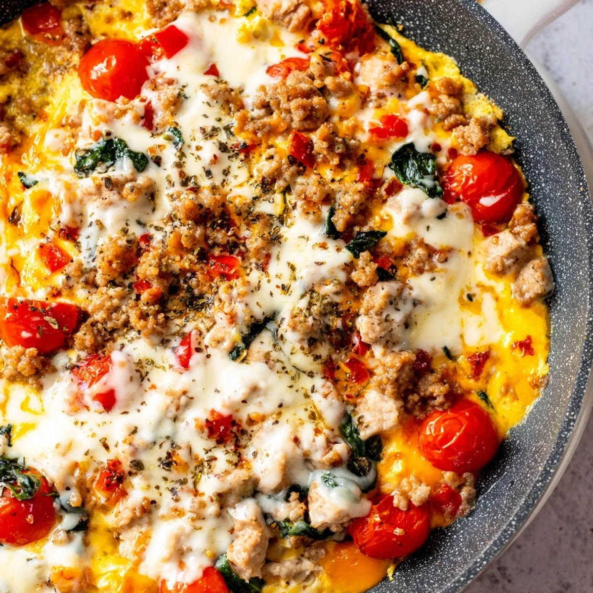 Serving suggestion for High Protein Breakfast Pizza Bowl with herbs and a warm cup of coffee.