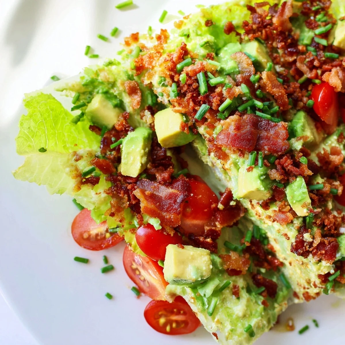 Crispy Bacon Keto BLT Salad with chopped romaine, cherry tomatoes, avocado, and creamy dressing in a rustic bowl.