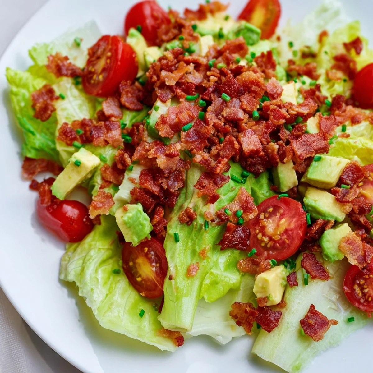 A close-up of Crispy Bacon Keto BLT Salad shows fresh avocado and red onion on a plate with chives.