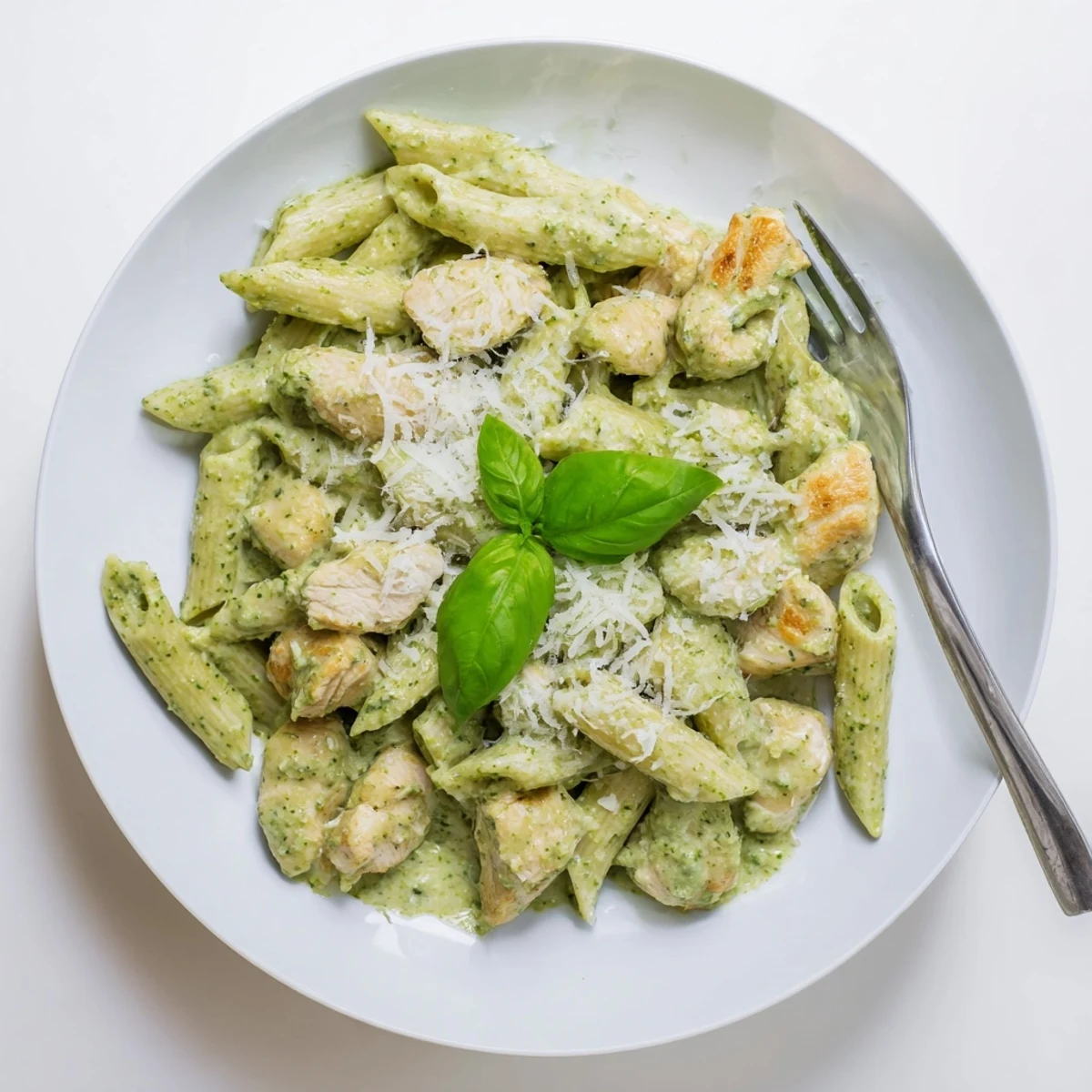 Creamy Pesto Chicken Pasta served in a skillet with fresh basil garnish on a wooden table